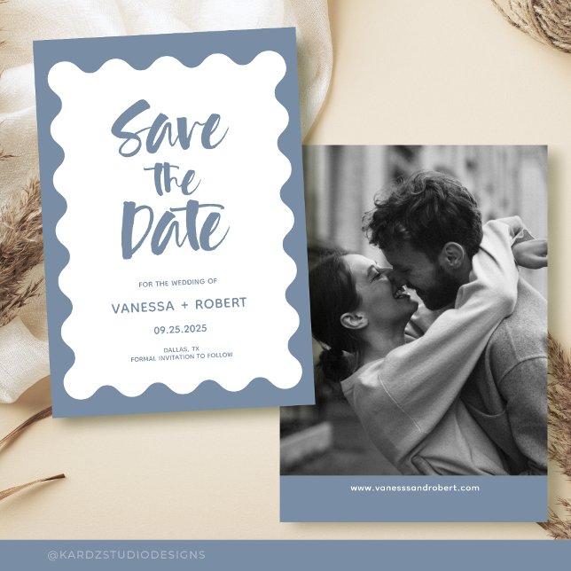 Dusty Blue Script Photo Guardar La Invitación De F (Modern Dusty Blue Photo Save The Date. with scallop frame and script, Black and white photo webpage.)