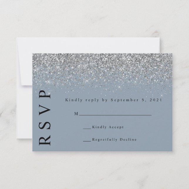 Dusty Blue & Silver Purpurina Wedding Tarjeta RSVP (Anverso)