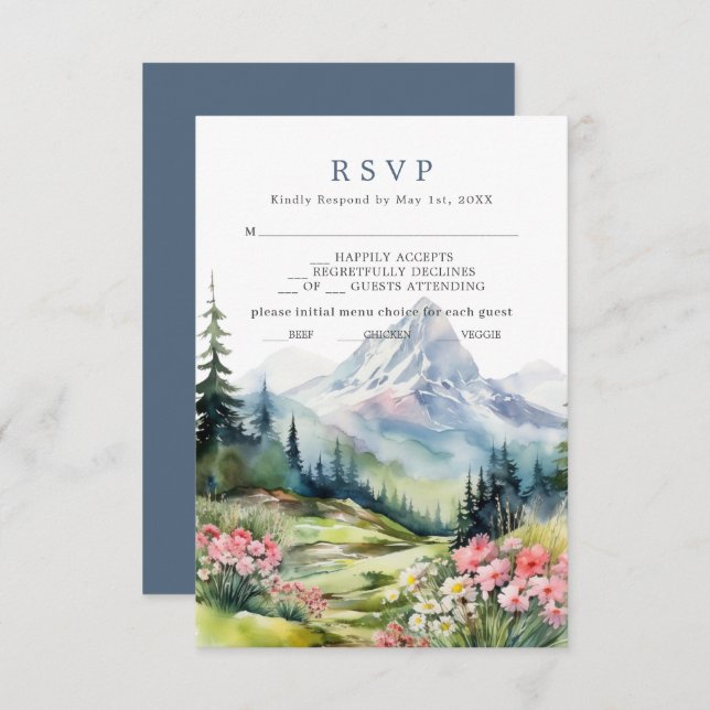 Dusty Blue Spring Mountains Boda Tarjeta RSVP (Anverso / Reverso)