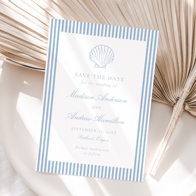 Dusty Blue Stripe Shell Wedding Save the Date (Subido por el creador)