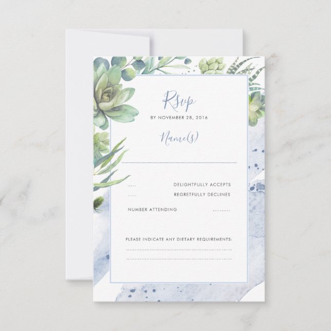 Dusty Blue Succulents Greenery Wedding RSVP (Anverso)