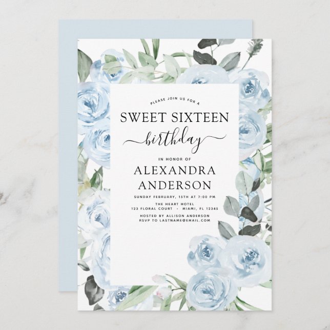 Dusty Blue Sweet Dieciséis invitaciones para fiest (Anverso / Reverso)