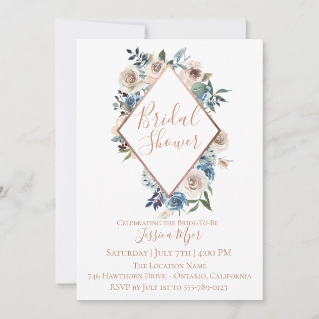 Dusty Blue Taupe Floral Bridal Shower Invitación (Anverso)