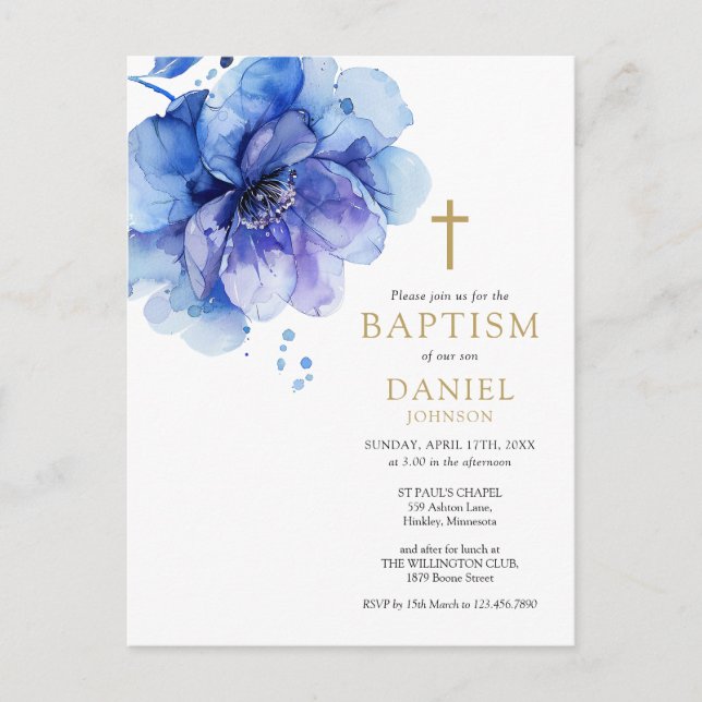 Dusty Blue Watercolor Floral Baptism Invitación (Anverso)