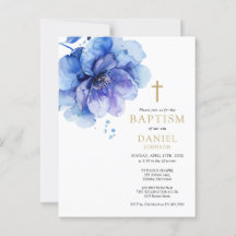 Dusty Blue Watercolor Floral Baptism Invitación