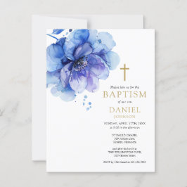 Dusty Blue Watercolor Floral Baptism Invitación