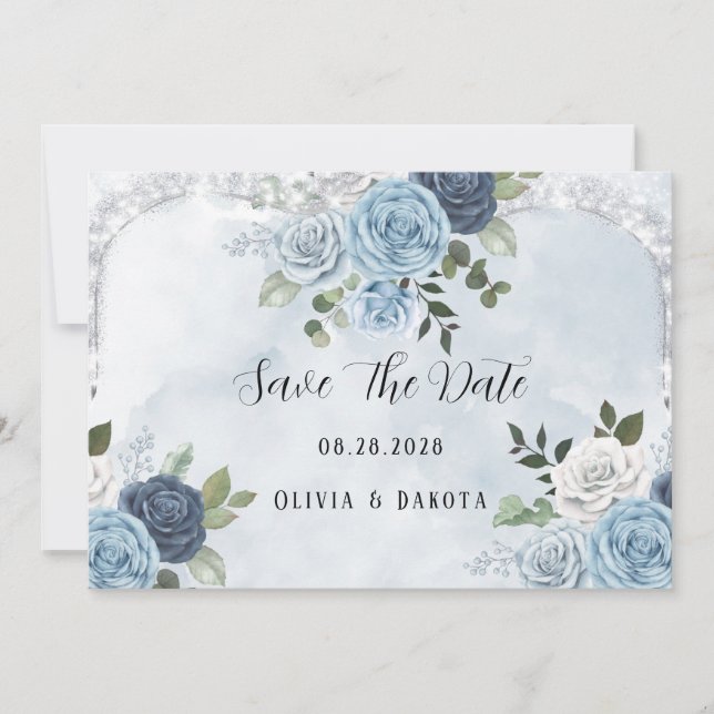 Dusty Blue Watercolor Floral Guardar Las Tarjetas  (Anverso)