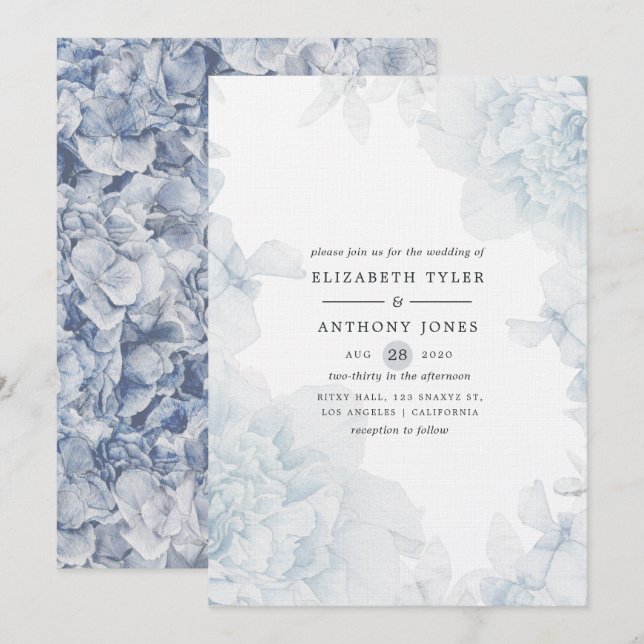 Dusty Blue Watercolor Floral Wedding Invitación (Anverso / Reverso)