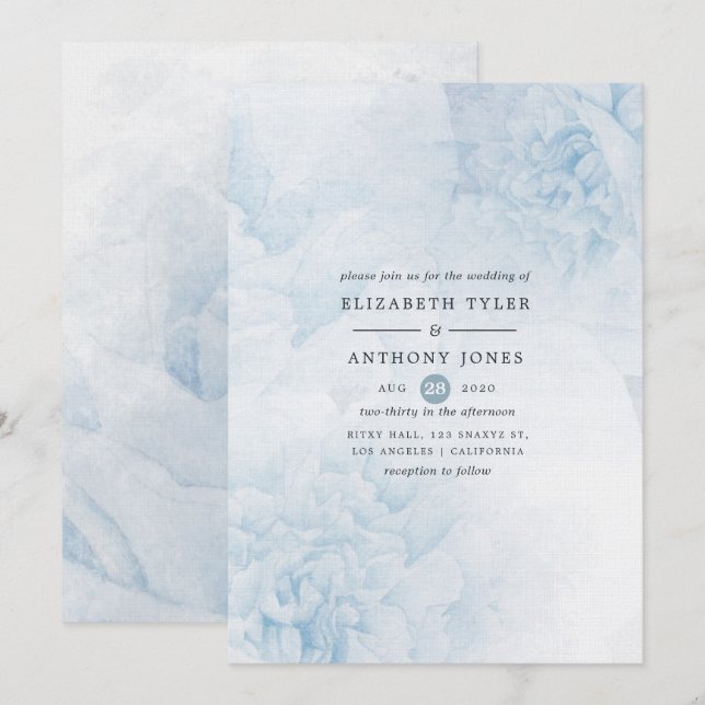 Dusty Blue Watercolor Floral Wedding Invitación (Anverso / Reverso)