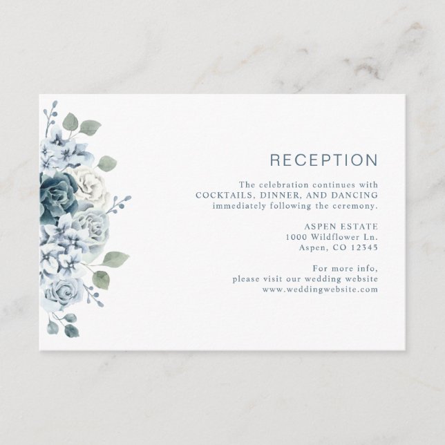 Dusty Blue Watercolor Floral Wedding Recepción (Anverso)