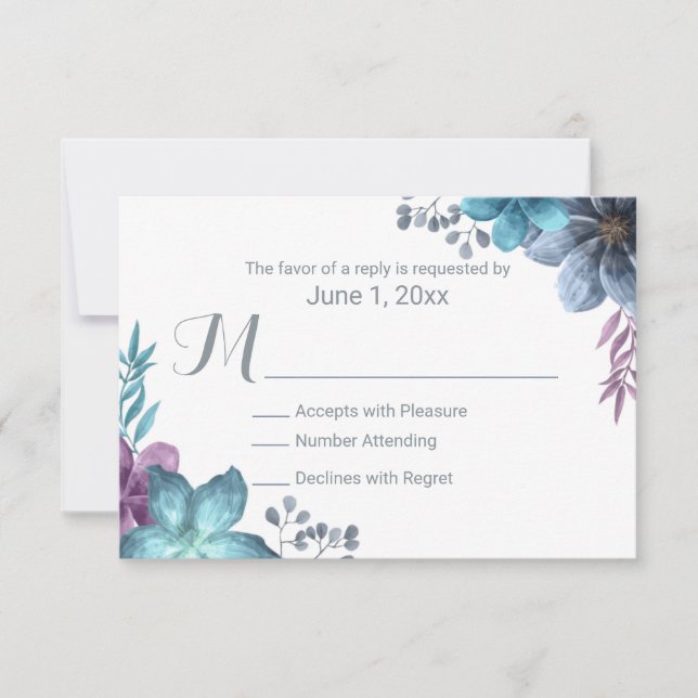 Dusty Blue Watercolor Floral Wedding RSVP (Anverso)