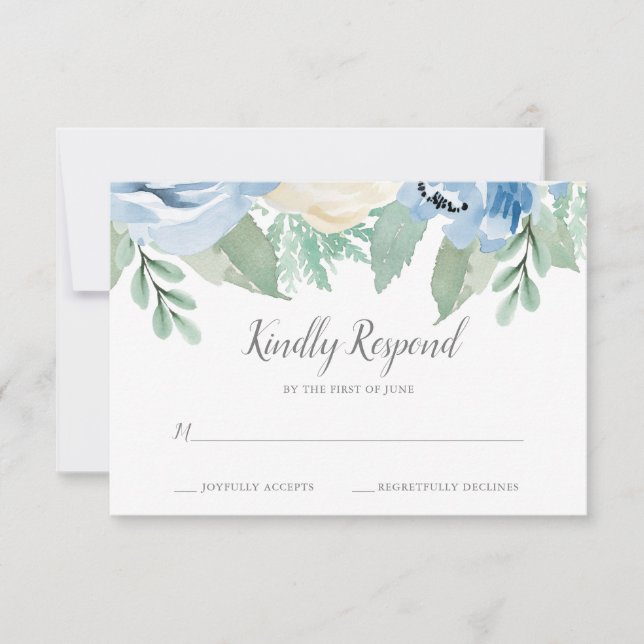 Dusty Blue Watercolor Floral Wedding Tarjeta RSVP (Anverso)