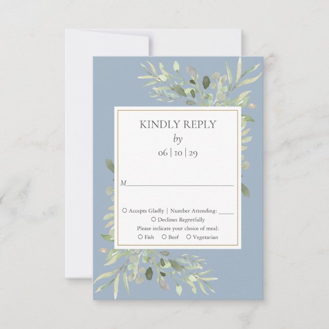 Dusty Blue Watercolor Greenery Wedding RSVP (Anverso)