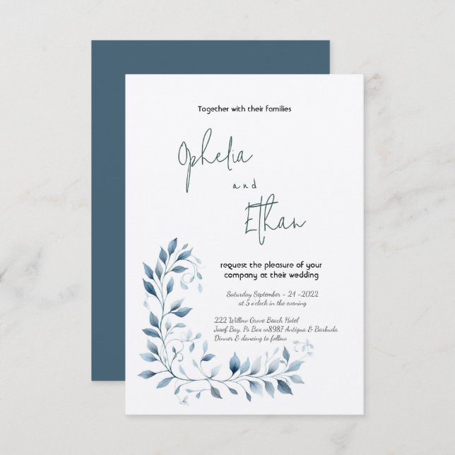 Dusty Blue Watercolor Invitación a la boda floral (Anverso / Reverso)