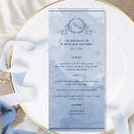 Dusty Blue Watercolor Monogramado Menú Boda<br><div class="desc">Agradar a sus comensales con esta bonita y polvorienta carta de boda con un monograma azul y azul, con un elegante monograma botánico dibujado a mano con las iniciales de la pareja, sobre un exquisito fondo acuarela, en una hermosa mezcla de tonos azul y azul polvorientos. Fácil de rellenar la...</div>