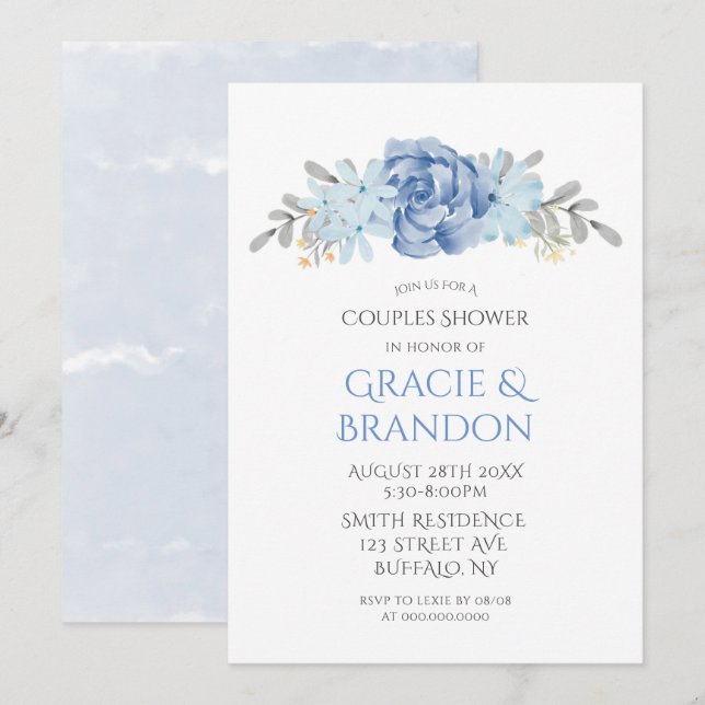 Dusty Blue Watercolor Peony Couple Shower invita (Anverso / Reverso)