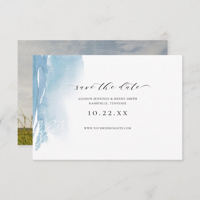 Dusty Blue Watercolor Photo Save the Date (Anverso / Reverso)