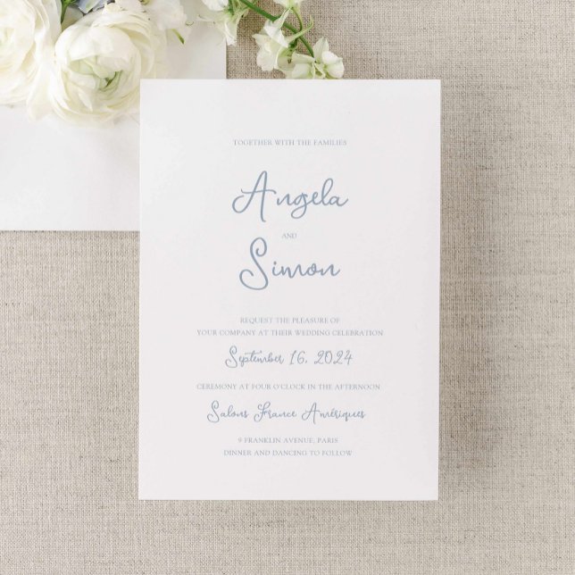 Dusty Blue Whimsical Bow Cherub Invitación a la bo (dusty blue wedding invitation, vintage french inspired hand written cherub bow illustrated)