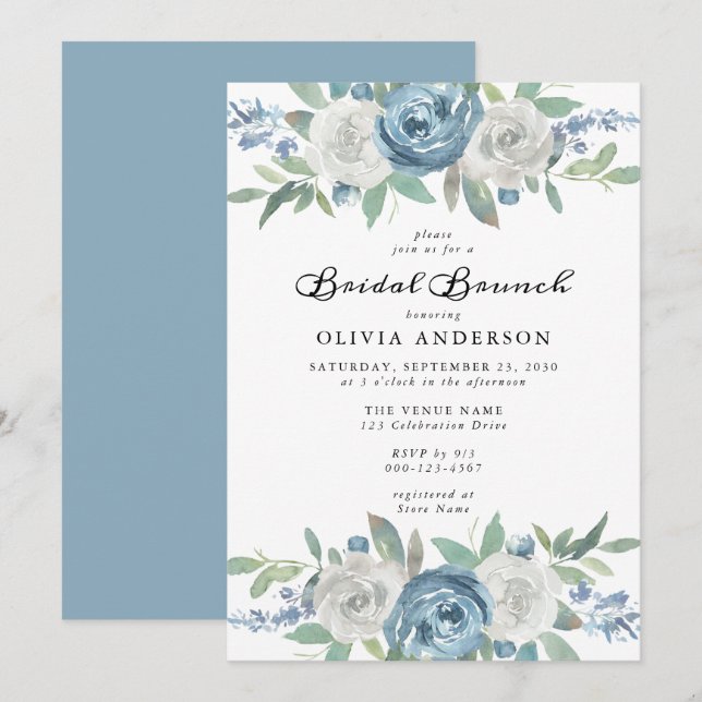 Dusty Blue & White Floral Bridal Brunch Invitación (Anverso / Reverso)