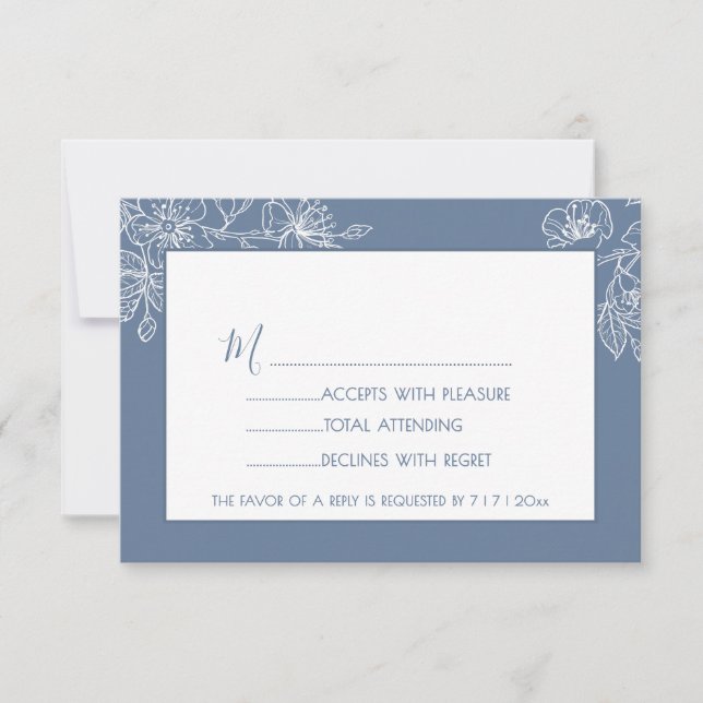  Dusty Blue White Floral Line Art RSVP (Anverso)