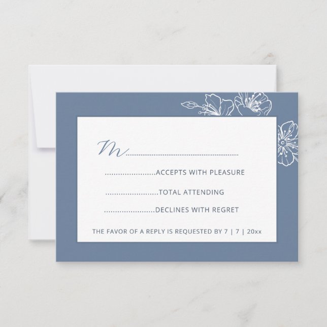  Dusty Blue White Floral Line Art RSVP (Anverso)