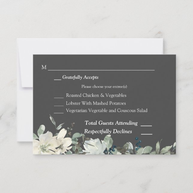 Dusty Blue & White Floral RSVP 3 Tarjeta de comida (Anverso)