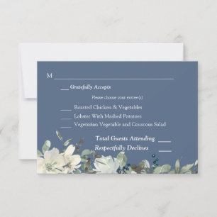 Dusty Blue & White Floral RSVP 3 Tarjeta de Comida
