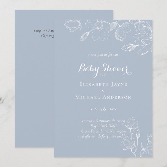 Dusty Blue White Magnolias Baby Shower (Anverso / Reverso)