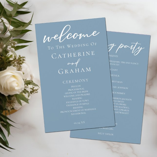 Dusty Blue White Script Programa de Bodas Costeras (Subido por el creador)
