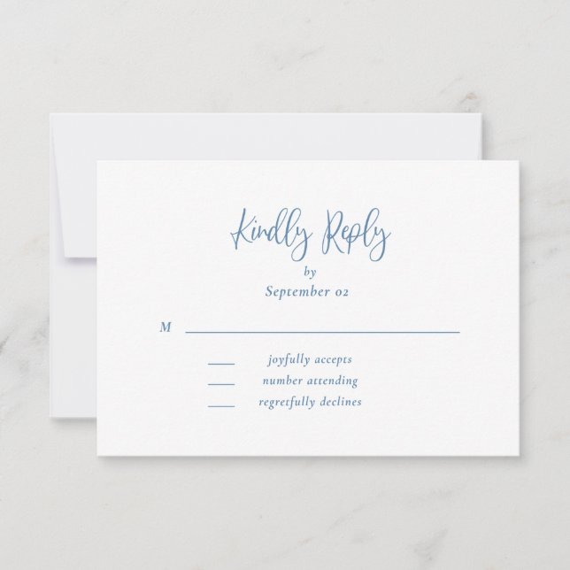 Dusty Blue White Script Wildflower Wedding RSVP (Anverso)