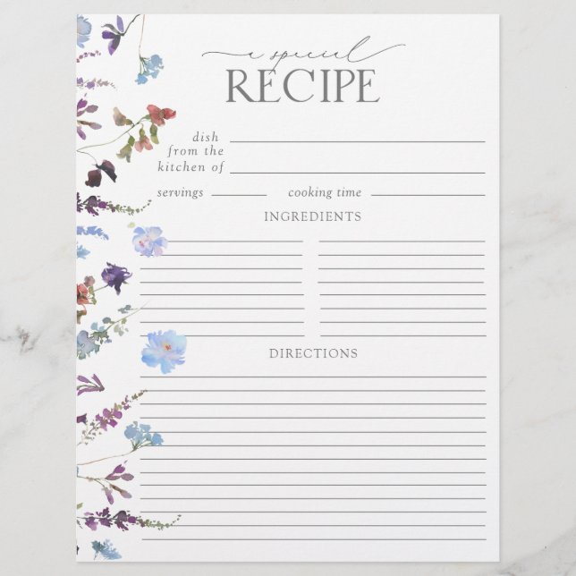 Dusty Blue Wildflower Bridal Shower Recipe Página (Anverso)