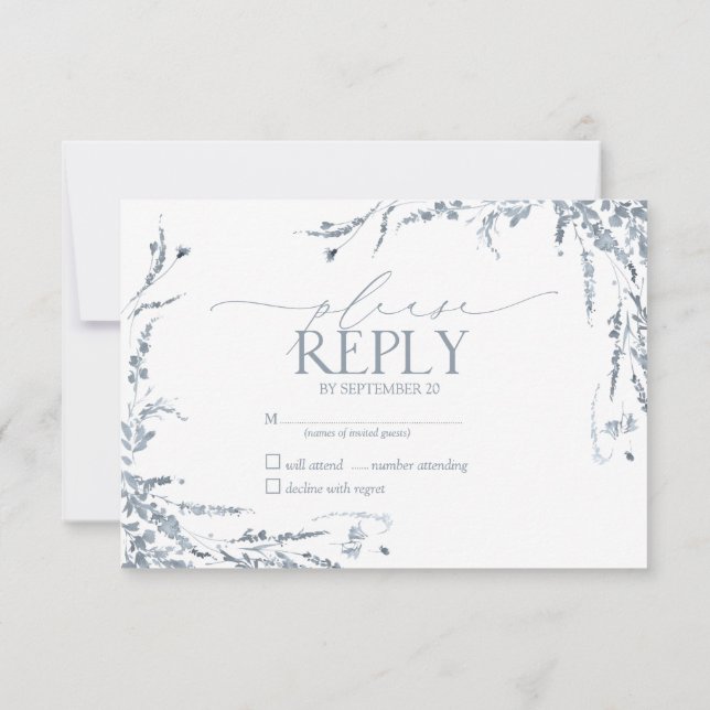 Dusty Blue Wildflower Calligraphy Wedding RSVP (Reverso)