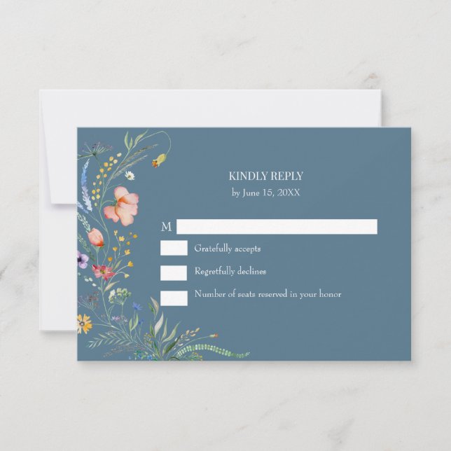 Dusty Blue Wildflower Meadow Wedding RSVP Card (Anverso)