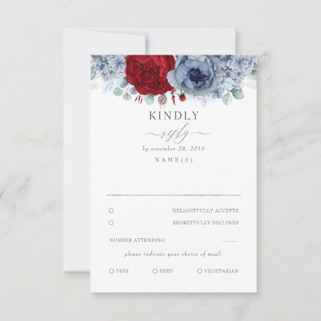 Dusty Blue y Burgundy Red Floral Wedding RSVP (Anverso)