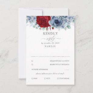 Dusty Blue y Burgundy Red Floral Wedding RSVP