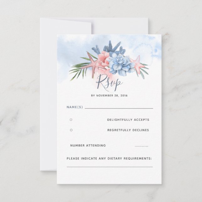 Dusty Blue y Rubor Beach Wedding RSVP (Anverso)