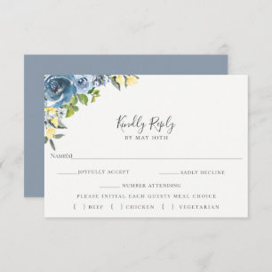 Dusty Blue Yellow Floral Wedding RSVP Comida Elecc