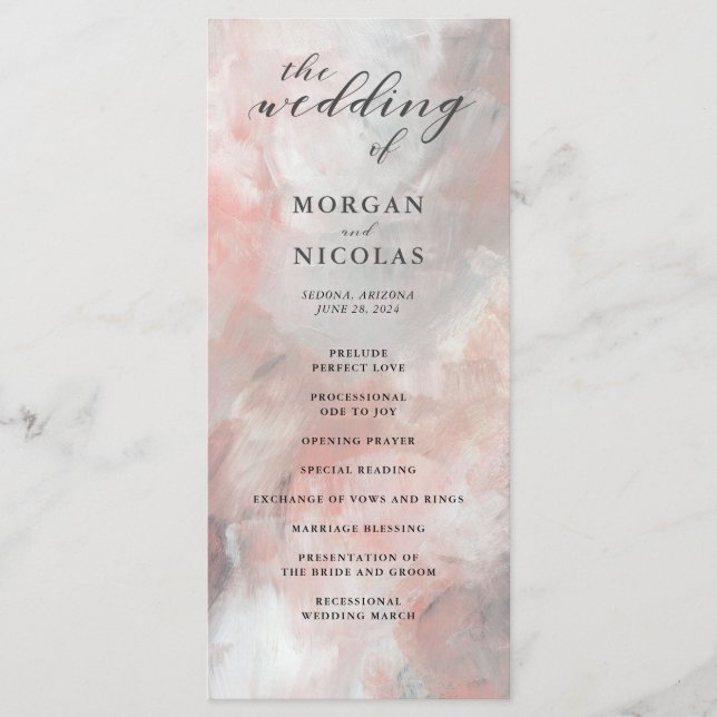 Dusty Coral Abstract Brushstrokes Programa de Boda (Anverso)