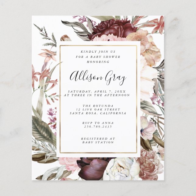 Dusty Floral Baby Shower | Folleto presupuestario (Frente)