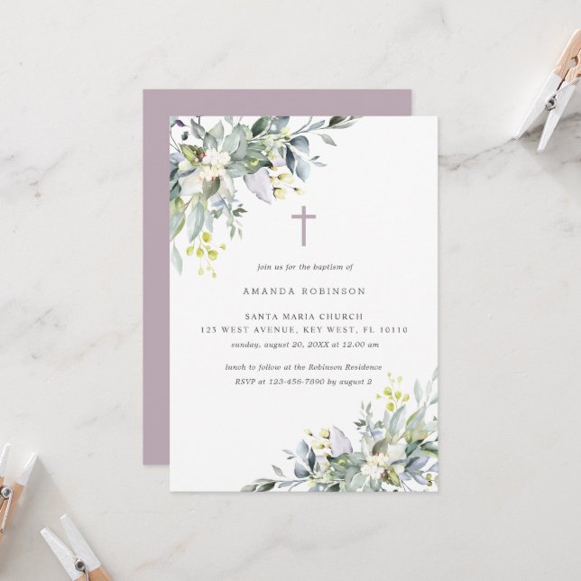 Dusty Florals Soft Lilac Baptism Invitación (Anverso/Reverso In Situ)