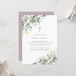 Dusty Florals Soft Lilac Baptism Invitación