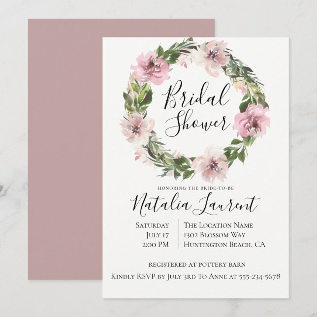 Dusty Mauve Floral Wreath Bridal Shower Invitación (Anverso / Reverso)