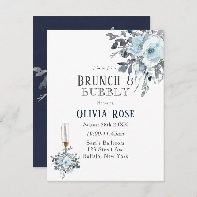 Dusty Navy Blue Peony Brunch & Bubbly Invitación (Anverso / Reverso)