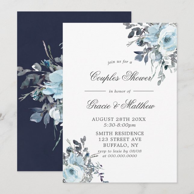 Dusty Navy Blue Peony Parejas Ducha Invitaciones (Anverso / Reverso)