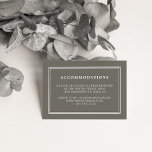 Dusty Olive Boda Hotel Tarjetas de alojamiento<br><div class="desc">Desliza estas modas, tarjetas pequeñas en tus invitaciones nupciales para hacer saber a los huéspedes de la ciudad de cualquier acuerdo de hotel o código de grupo, junto con información de contacto del hotel. Las tarjetas de color verde oliva son sencillas y tienen letras blancas en bloques. Coordina con nuestra...</div>