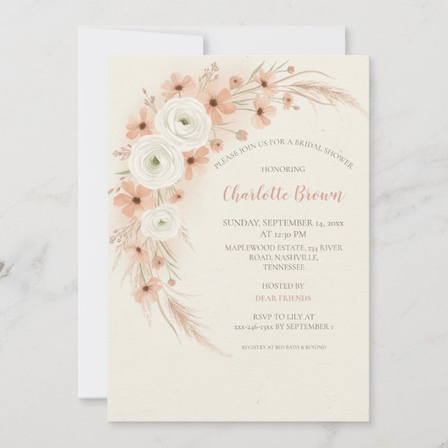 Dusty Peach Wildflower Bridal Shower Invitación (Anverso)