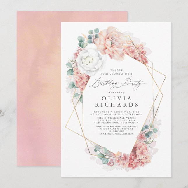 Dusty Pink Floral Botánica Elegante Invitación de  (Anverso / Reverso)
