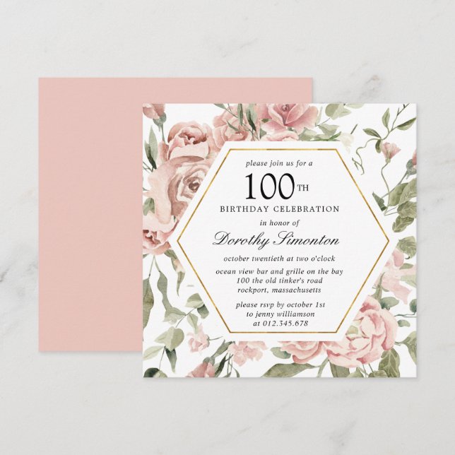 Dusty Pink Rose Floral 100 cumpleaños Invitación (Anverso / Reverso)