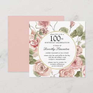 Dusty Pink Rose Floral 100 cumpleaños Invitación