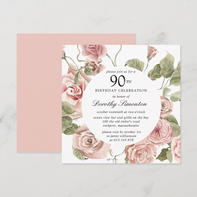 Dusty Pink Rose Floral 90 cumpleaños Invitación (Anverso / Reverso)